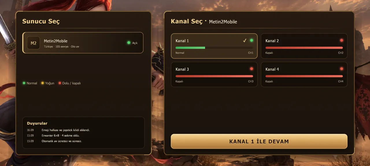Metin2 Mobil sunucu ve kanal seçim ekranı